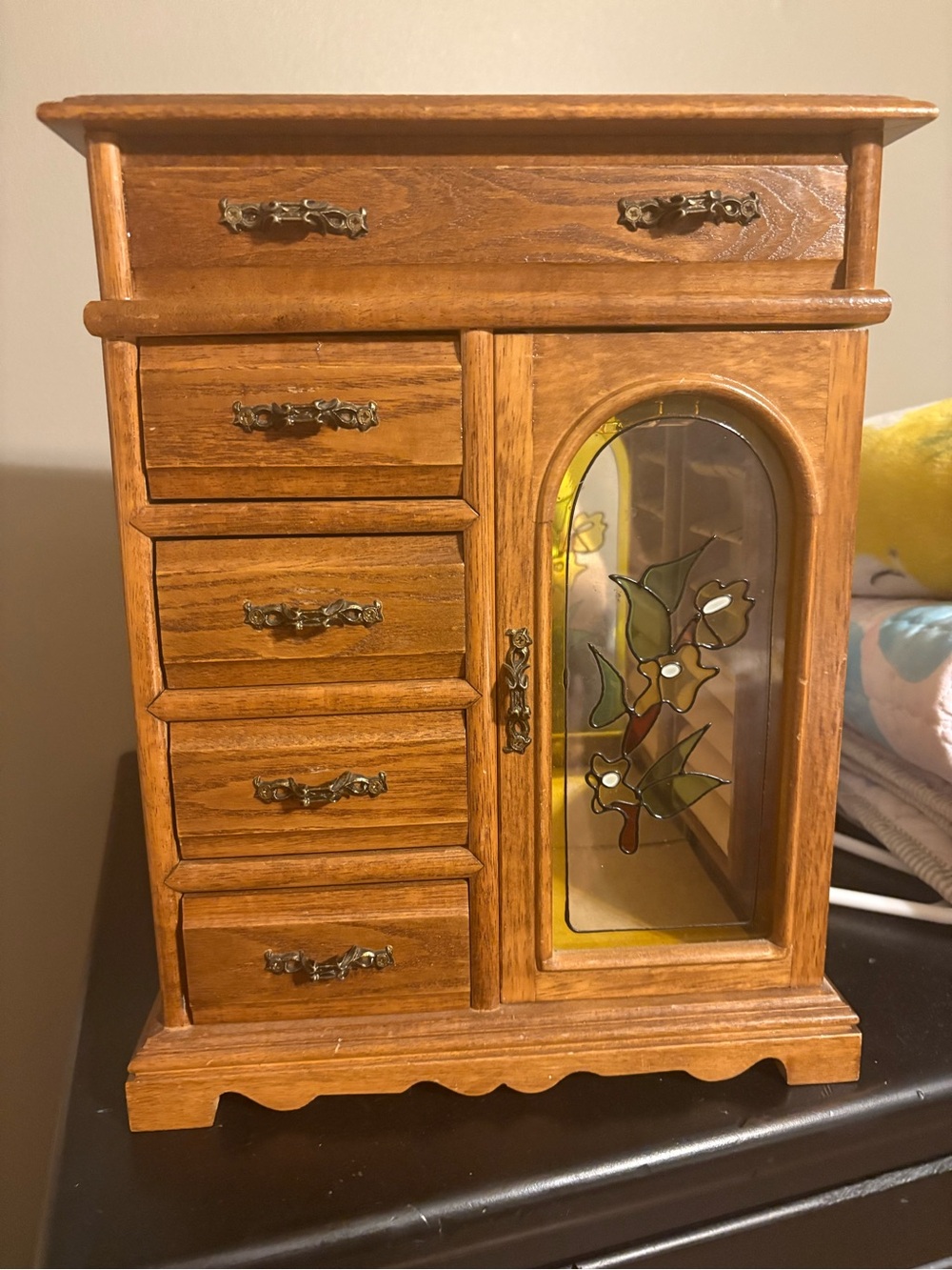 Vintage Rosalco Commodore Jewelry Armoire 5 Drawer Etched Glass Cabinet
